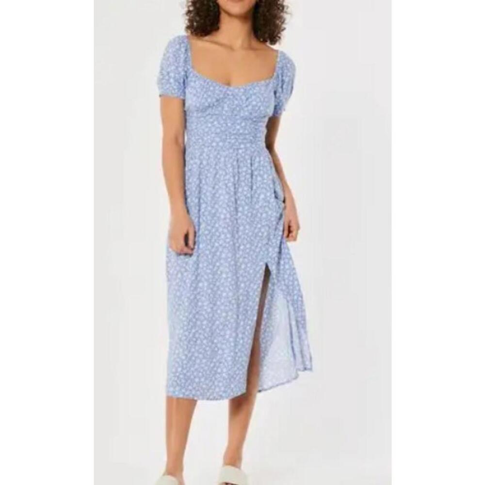 Hollister Short Puff Sleeve Dress Blue Ditsy Floral Smocked Side Split L NWT